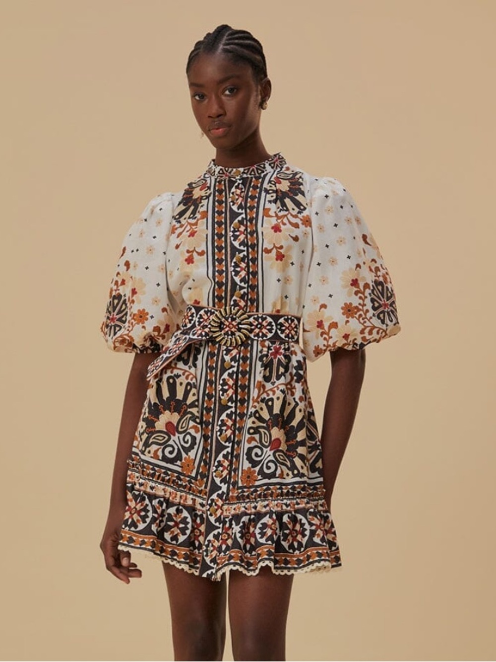 Farm Rio Flower Fan Tapestry Off-White Mini Dress - Picture 2 of 7